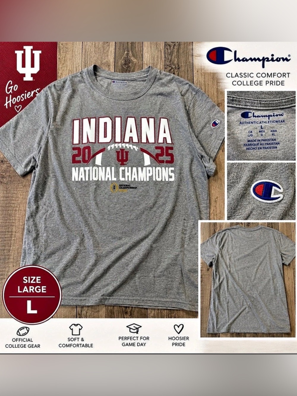 Champion Indiana Hoosiers National Champions T-Shirt Gray & Red Size Large